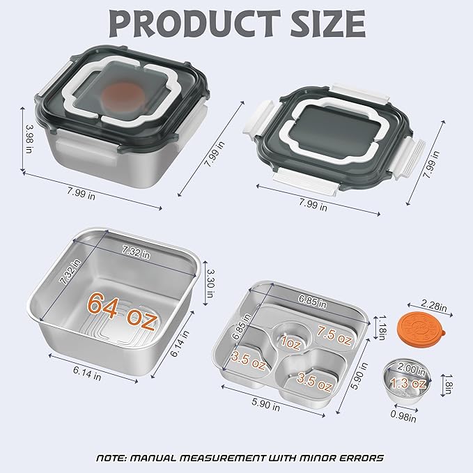 Salad Container for Lunch: 64oz Salad Bowl with Included Spork, 4-Section Bento Tray & Sauce Pot
