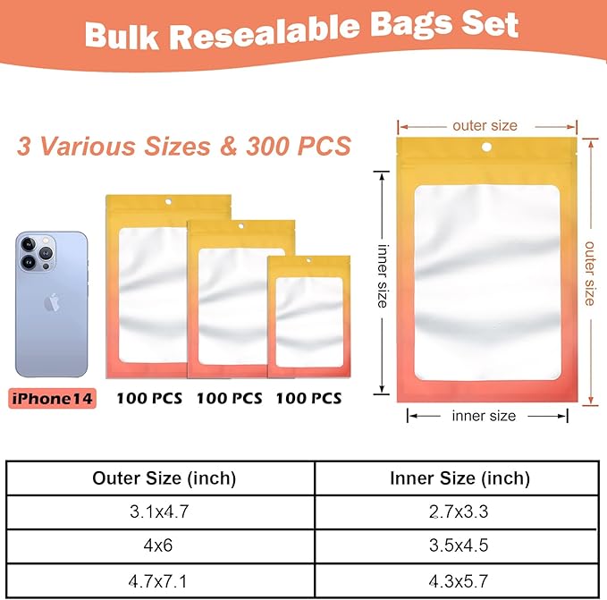 300 Pcs Gradient Mylar Bags, 3 Size Smell Proof Bags with Clear Window Foil Pouch Bags Resealable Bags for Small Business and Food Storage, Yellow Orange