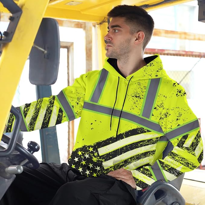Color US Flag High Visibility Hoodie for Men Women Reflective Tapes Safety Workwear for Worker Runner Patriotic