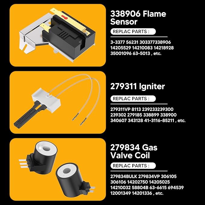 338906 Gas Dryer Flame Sensor Kit with 279311 Ignitor and 279834 Gas Valve Solenoid Coils by Funmit, Gas Dryer Repair Kit Replaces Wp338906 Ap3094138 Ps334310 12001349