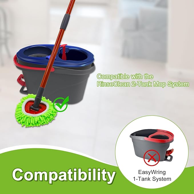 Spin Mop Head, Base, Scrub Brush, Handle Replacement for O-Cedar RinseClean 2-Tank System, Includes 2 Chenille Mop Refills, 4-Section Handle Pole, 1 Scrubber Head, 1 Triangle Base Cover for Ocedar