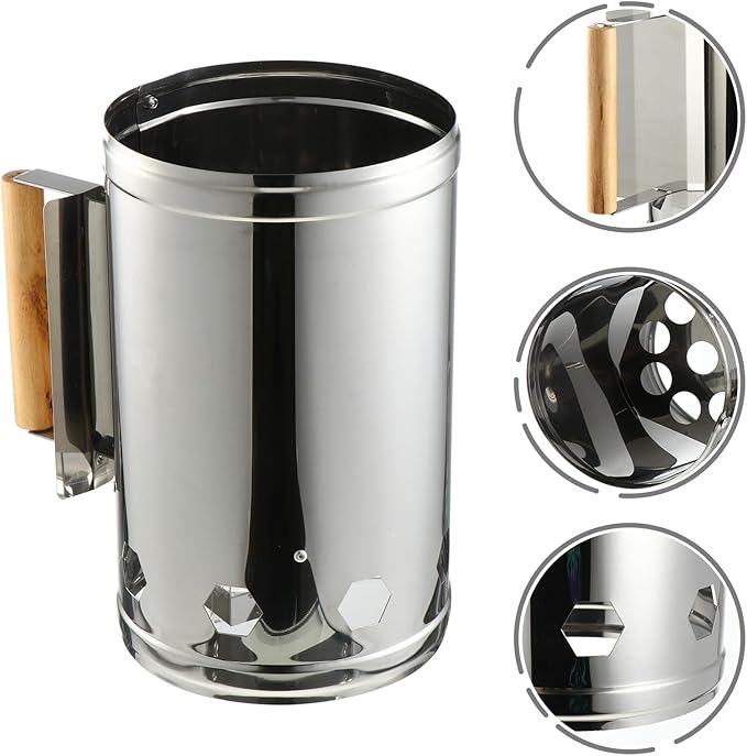 Outdoor Charcoal Chimney Starter Bucket with Wood Handle Heat Shield Quick BBQ Grill Fire Starter for Camping Tailgate Patio Cooking Suitable for Charcoal BBQ and Garden Grilling