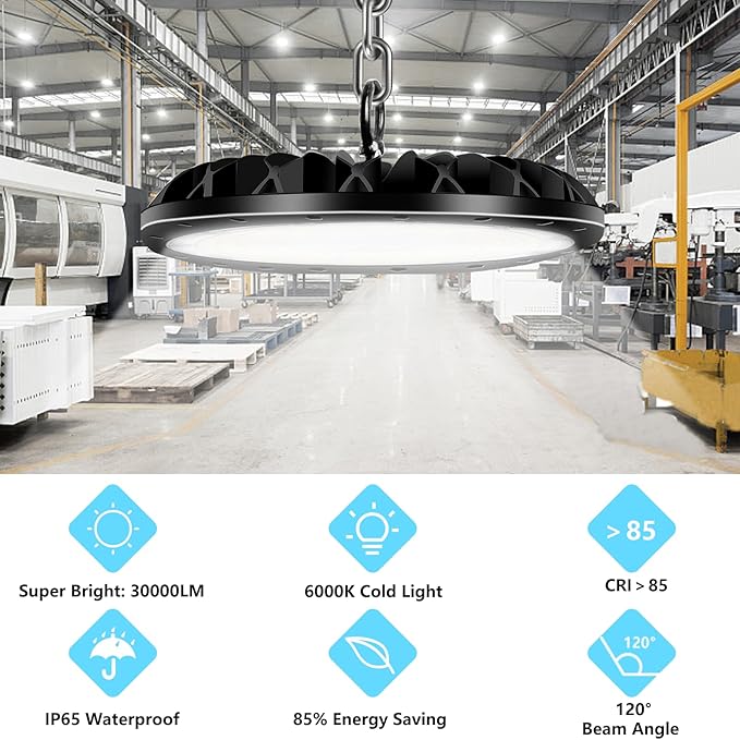 2 Pack LED High Bay Light 300W 30000LM, UFO LED Shop Light with 4ft Plug Cable, 6500K Commercial Bay Lighting, IP65 Waterproof for Warehouse Workshop
