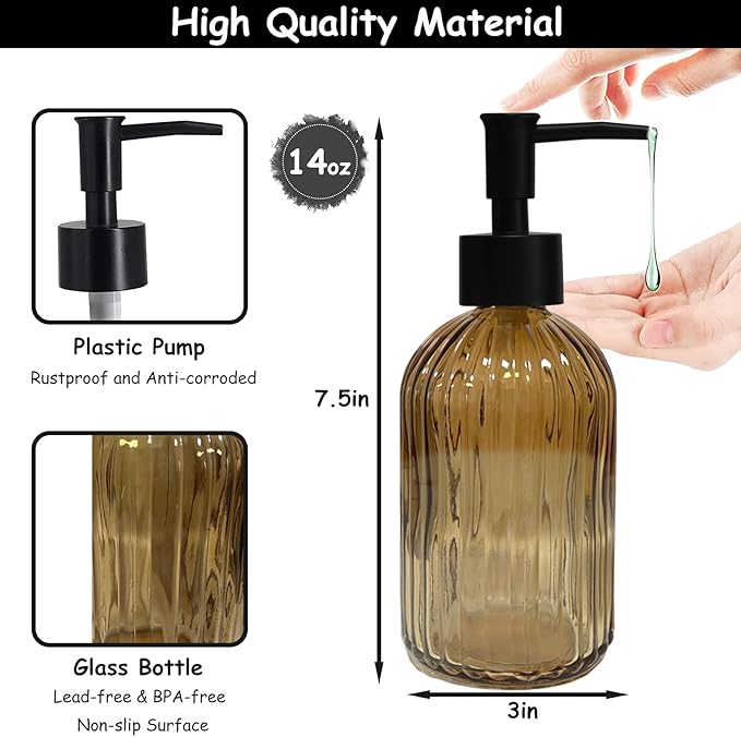 Black Pump Glass Soap Dispenser, 13.5oz Brown Stripe Countertop Refillable Liquid Bottle Hand Dish Lotion Dispenser with Plastic Pump, for Kitchen, Bathroom Countertop