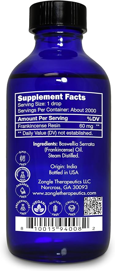 Frankincense Essential Oil, Food Grade, for Face – 100% Pure, Frankincense, Resin, Oil, Boswellia Serrata, Edible, by Zongle Therapeutics, 4 OZ
