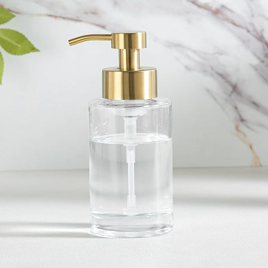 Enra Foam Soap Dispenser,12oz Thick Glass Bathroom Soap Dispenser with Stainless Steel Gold Pump for Bathroom Kitchen(Clear/Gold Poam Type)
