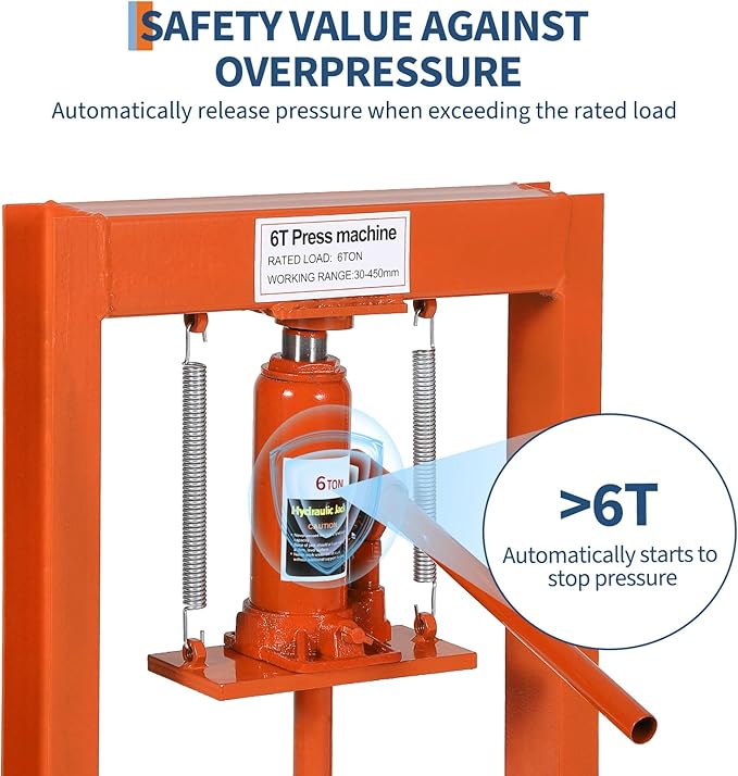 Hydraulic Press 6 Ton Hydraulic Shop Press H-Frame Garage Floor Adjustable Shop Press with 2 Plates Adjustable Working Table Height, Orange