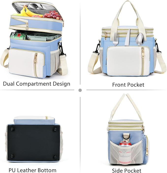 LOKASS Expandable Lunch Box for Women Men | Adult Lunchbag Cooler Tote Bag with Adjustable Shoulder Strap | Insulated Reusable Womens Lunch Bags for Work Camping Beach | 16L, Baby Blue