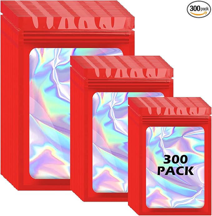 300 Pcs Holographic Mylar Bags, 3 Size Smell Proof Bags with Clear Window Foil Pouch Bags Resealable Bags for Small Business and Food Storage, Red