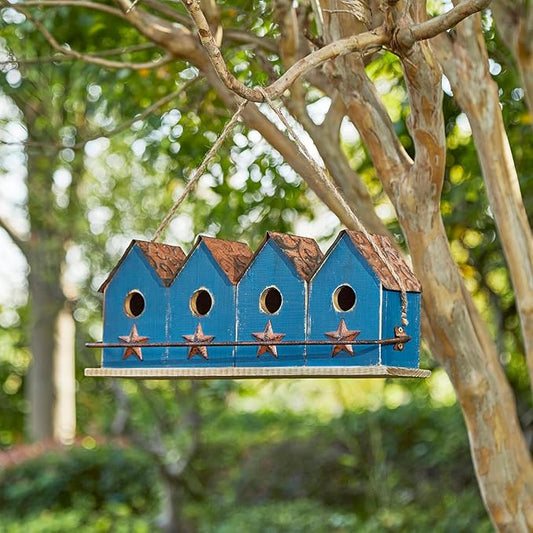 Glitzhome 17" L Distressed Solid Wood Birdhouse with Perch Decorative Garden Hanging Bird House for Outdoors,Retro Blue