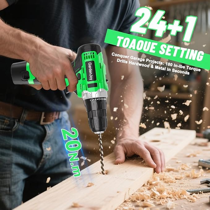 GardenJoy Cordless Power Drill Set: 12V Electric Drill with Battery and Charger, 42pcs Acessories, 3/8"Keyless Chuck, 2 Variable Speed, 24+1 Position, Compact Drill Driver Kit for Home & DIY Project