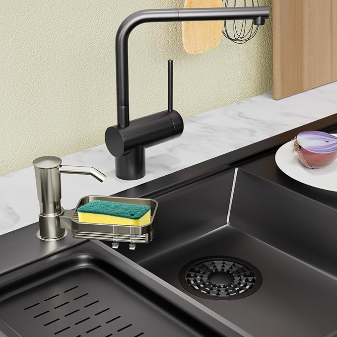 Soap Dispenser Pump for Kitchen Sink with Sponge Rack,ABS Plastic in Counter Soap Dispenser with 39" Extension Tube kit,Built in Dish Soap Dispensers Under Sink,on Countertop,Brushed Nickel