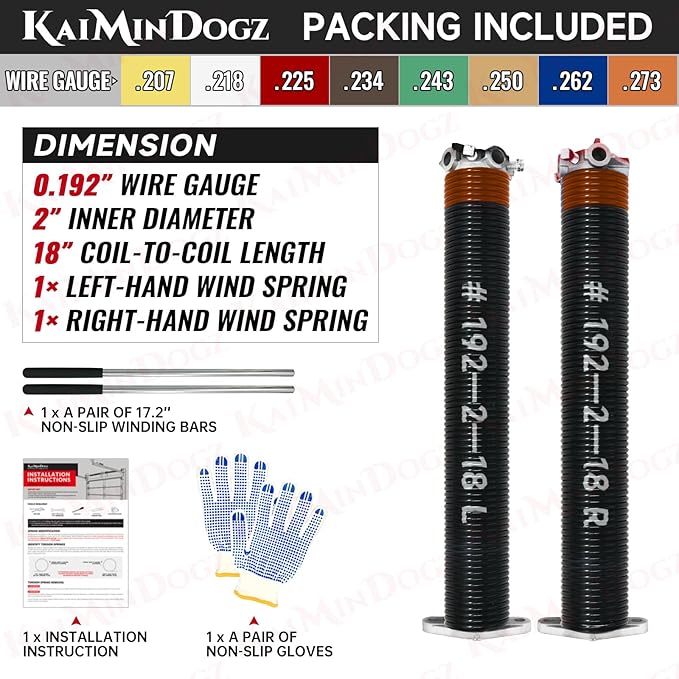 Pair of 2" Garage Door Torsion Springs Set with Non-Slip Winding Bars & Gloves, High Quality Precision Electrophoresis Black Coated, for Replacement & Installation, MIN 16,000 Cycles (0.192x2''x18'')