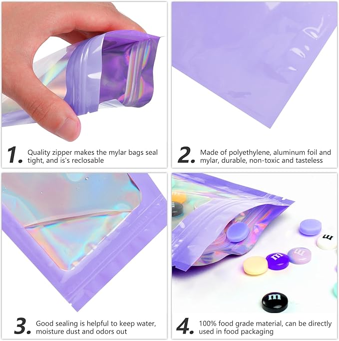 Funfery 100 pcs Purple Smell Proof Mylar Holographic Packaging Bags, Clear Seal Resealable Odor Proof Foil Pouch Zipper Bag for Food Storage, Lipgloss, Jewelry, Eyelash Packaging (3x4.7In)