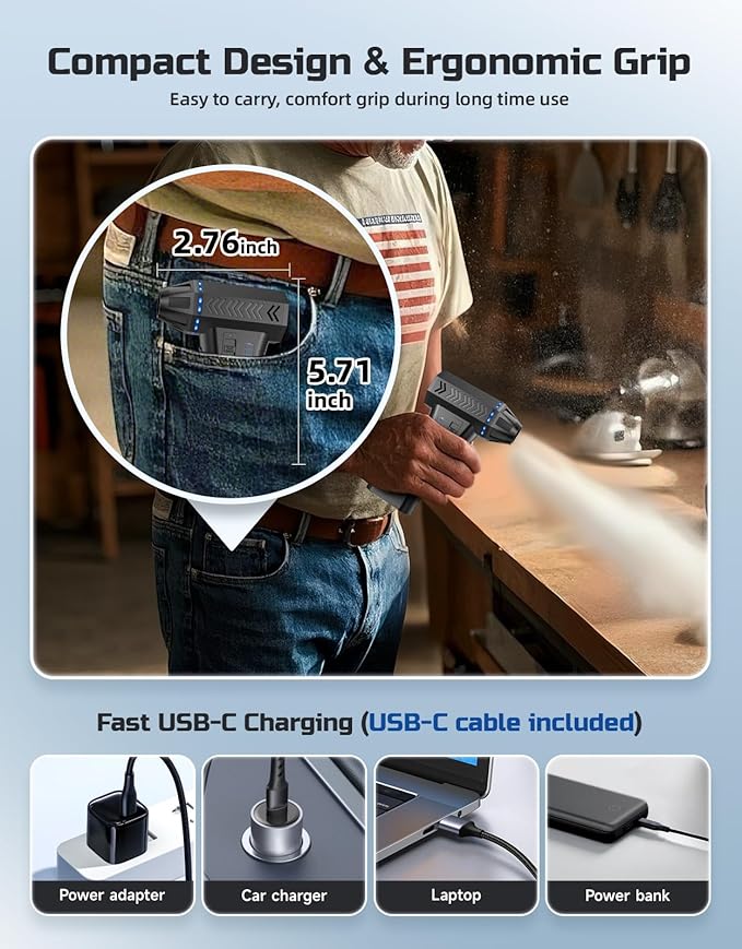 Compressed Air Duster - 300000RPM Super Power Electric Air Duster Variable Speed Compressed Air, 8000mAh Battery Fast Charging Canned Air, Mini Cordless Air Blower for Home/Keybaord/PC/Computer/Car