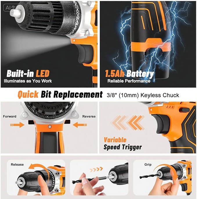 12V Orange Portable Drill Set, 2 Batteries + Fast Charger Included, 2-Speed Control, 3/8" Keyless Chuck, 24+1 Torque Settings, LED Work Light for DIY