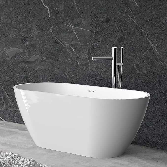 Freestanding Bathtub, Acrylic, Deep Soaking Tub with Non-Slip Base, CUPC Certified Free Standing Tub, Chrome Drain Bath Tub, Modern Tub for Bathrooms, White, 59''