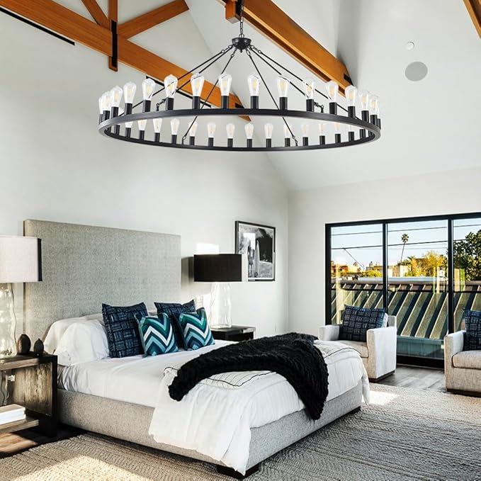 Large black wagon wheel chandelier 64 inch,36-Light Farmhouse wagon Wheel Chandeliers Round Industrial ceiling light fixtures for outdoor porch high ceilings Living Dining Room Foyer Entryway