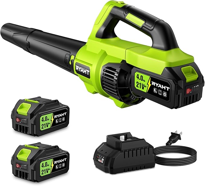 RYAHT Leaf Blower Cordless, 21V Powerful Electric Leaf Blower with 2 X 4.0Ah Batteries and Charger, 2 Speed Modes, Handheld Lightweight Leaf Blowers for Lawn Care, Patio, Dust, Blowing Leaves, Green
