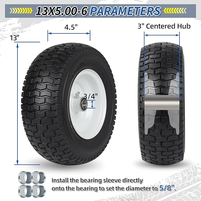 2 Pack, 13x5.00-6 Flat Free Lawn Mower Tire and Wheel, 13x5-6 Riding Lawnmower Tire with 3"-6" Centered Hub and 3/4" & 5/8" Bearings, Tractor Turf Tire Turf-Friendly, 2 Pack