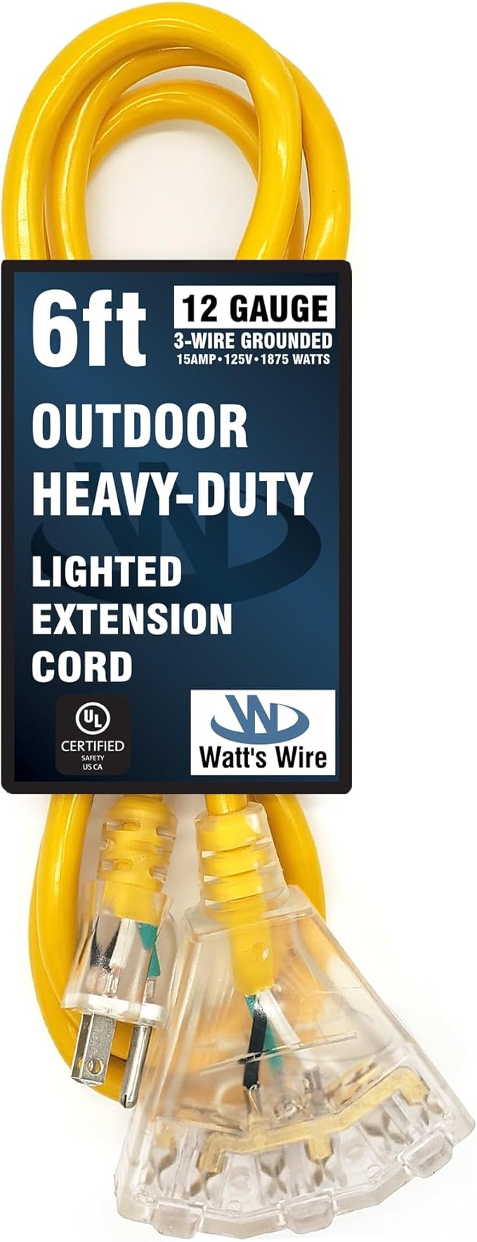 6 ft Outdoor Extension Cord Waterproof - 12 Gauge Heavy Duty Extension Cord Splitter - Lighted Outdoor Extension Cords with Multiple Outlets - Watts Wire - 6' Grounded - extensiones electricas