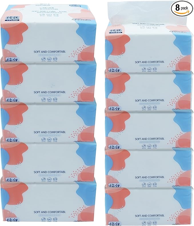 Small Soft Facial Tissues, Toilet Paper, Disposable Facial Napkins, Bag Cover NOT In Box, Material Wood Pulp Fiber NOT COTTON, 4-Ply, 8 Packs, 380 Sheets per Pack