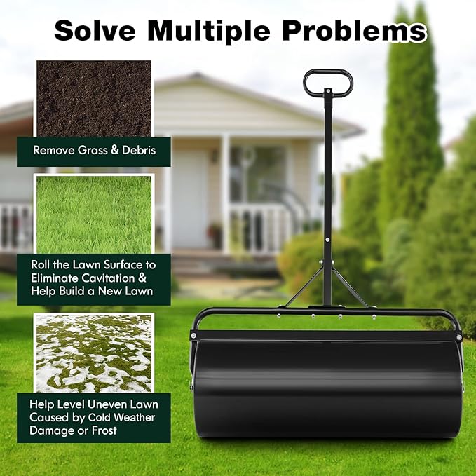 Goplus Lawn Roller, Push/Tow Behind Lawn Roller, 30 Gallon/113L Water Sand Filled Sod Roller Drum Roller with Detachable Gripping Handle, Yard Roller Pull Behind a Tractor for Garden Yard Park Farm