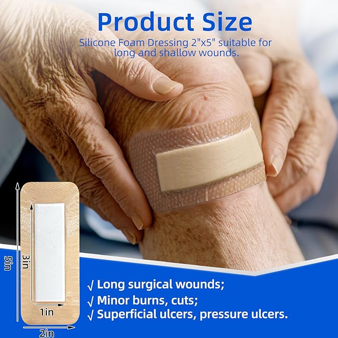 10 Pcs Silicone Foam Dressing 2" x 5" - Ultra Soft Waterproof Silicone Bandages with Adhesive Border, Highly Absorbent Foam Dressing for Bed Sores, Leg Ulcers