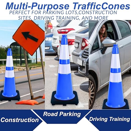 BESEA 4PACK 28 inch Traffic Safety Cones Blue Road Parking Cones 28" Heavy Duty Construction Cone Structurally Stable for Traffic Control at Public Place(4PCS)