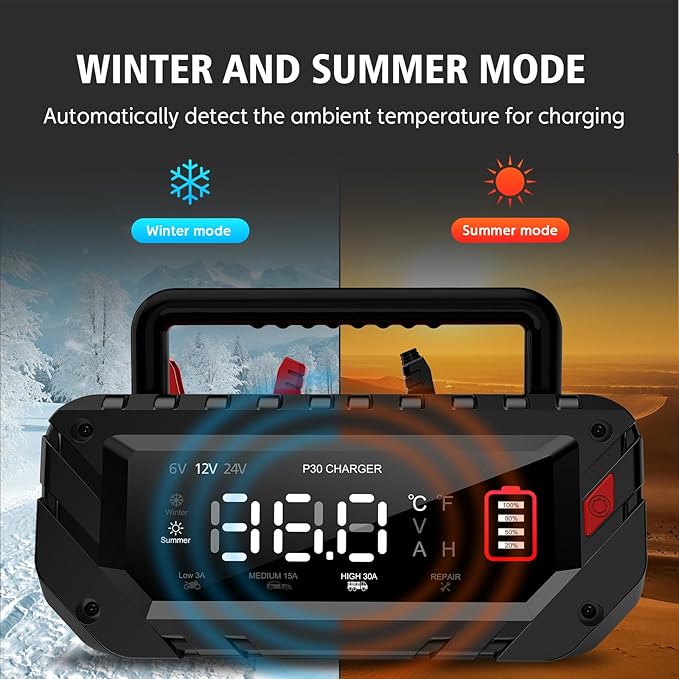 30 AMP Car Battery Charger, 6V/12V/24V Lead-Acid, Lithium, LiFePo4 Smart Battery Charger, Large Screen Trickle Charger, Fully Automatic Chargers and Maintainer for Car, Motorcycle, Lawn Mower