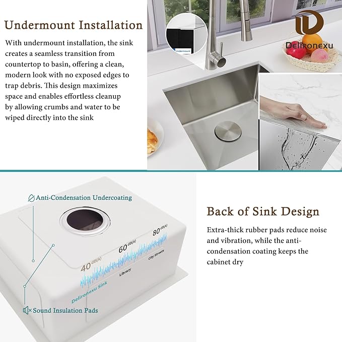16 Inch Bar Sink Undermount – Delironexu 18 Gauge Stainless Steel Small Kitchen Sink, 16"x18"x8" Small Bar Sinks, Wet bar sink with Brushed Finish for Outdoor, RV, and Prep Use