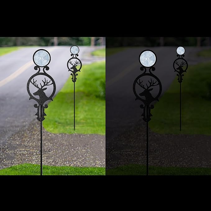 Touch of Class Pathways Reflective Driveway Marker Stake Set of Two for Outdoor Use | Buck Deer Design with Antlers | Personalized Tall Reflector Set of 2 | Black Durable Finish
