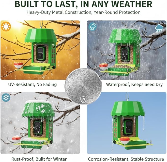 Avinory Smart Bird Feeder with Camera 2.5K HD, Solar Powered AI Bird Identifier 10000+ Species, 32GB Card, Wireless,with Night Vison,Metal Squirrel Proof for Outdoor Birds Watching Gift