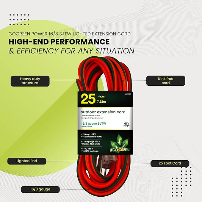 Go Green Power Inc. 16/3 25ft Outdoor Extension Cord with Lighted End - Contractor Grade, Durable, and Moisture Resistant - Ideal for Heavy Duty Tools - GG-13725 (Pack of 12)