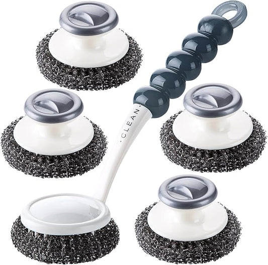 Stainless Steel Scrubber with Handle，Heavy Duty Cleaning Supplies for Pots, Pans, Grills, Ovens & Other Tough Jobs (5P)