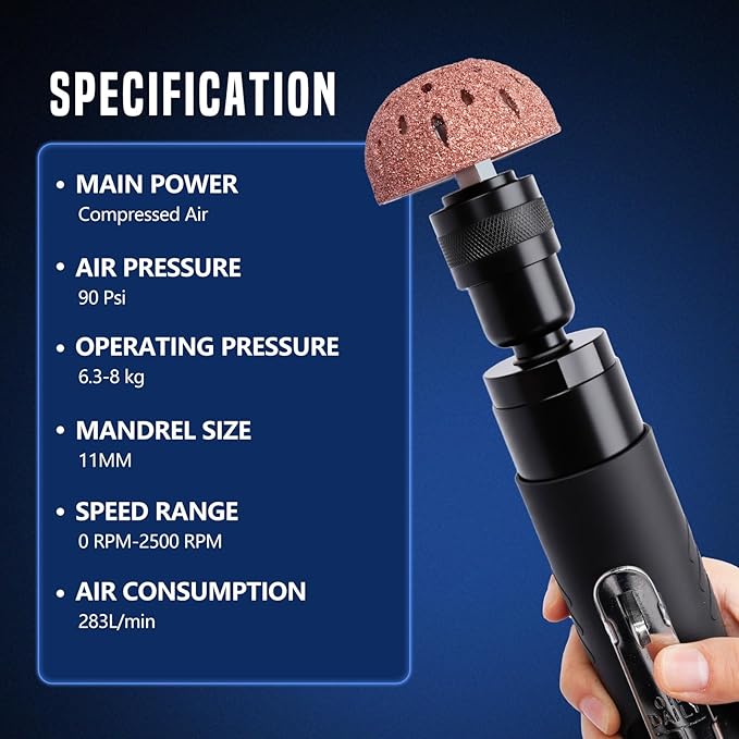 Air Tire Repair Polish Patch Tools, Includes 2500 RPM Low Speed Air Tire Buffer, Inner Liner Scraper, Patch Roller, Tungsten Steel Buffing Wheel with 3 Connector for Tire Grinding Polishing