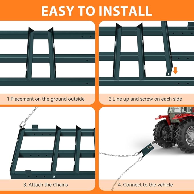 4FT Drag Harrow Driveway Grader, Heavy Duty Driveway Drag with 48" Chain, Tow Behind Lawn Leveler for Gravel, Sand, Lawn, Soil, Hay, ATV, UTV, Mower, Tractor