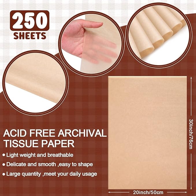 250 Pcs 30 x 20 Inch Acid Free Archival Tissue Paper No Acid Unbuffered Interleaving Paper for Clothes Textiles Linens Books Photo Jewelries Presents Wrap Storage, Brown
