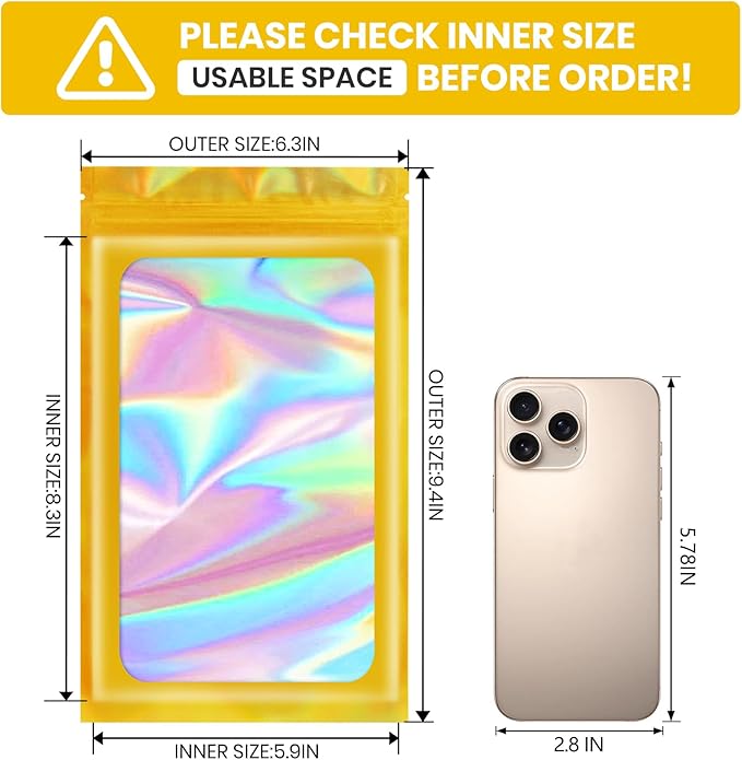 Funfery 100 pcs Gold Mylar Holographic Resealable Bags,Clear Packaging Bag Odor Proof Foil Pouch Bag for Food Storage, Lipgloss, Jewelry, Eyelash Packaging for Small Business - 6.3 x 9.4 Inch