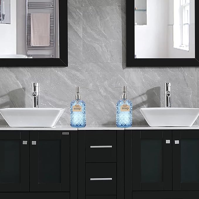 16 Oz Soap Dispenser with 304 Rustproof Stainless Steel Pump, Kitchen, Bathroom Soap Dispenser， Refillable Liquid Glass Soap Dispenser for Hand Soap, Soap, Lotion. (Blue-2pack)