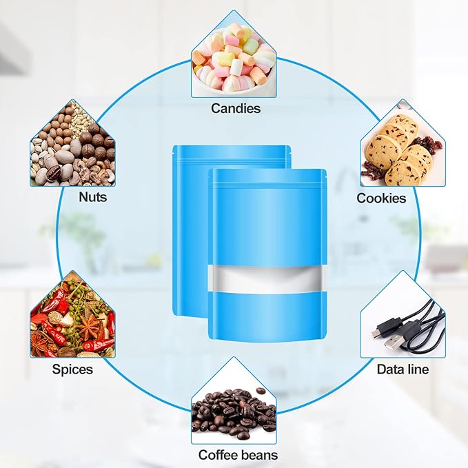100 Pack Smell Mylar Proof Bags for Food Storage, Resealable Packaging Bag for Small Business, Stand Up Foil Pouches Reusable Heat Sealable Bags with Clear Window (Blue, 7.0x10.2 In)