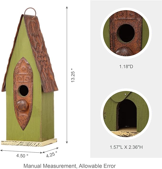 Glitzhome Distressed Green Solid Wood Birdhouse Hand Painted Hanging Bird House for Outdoors 13.25" H