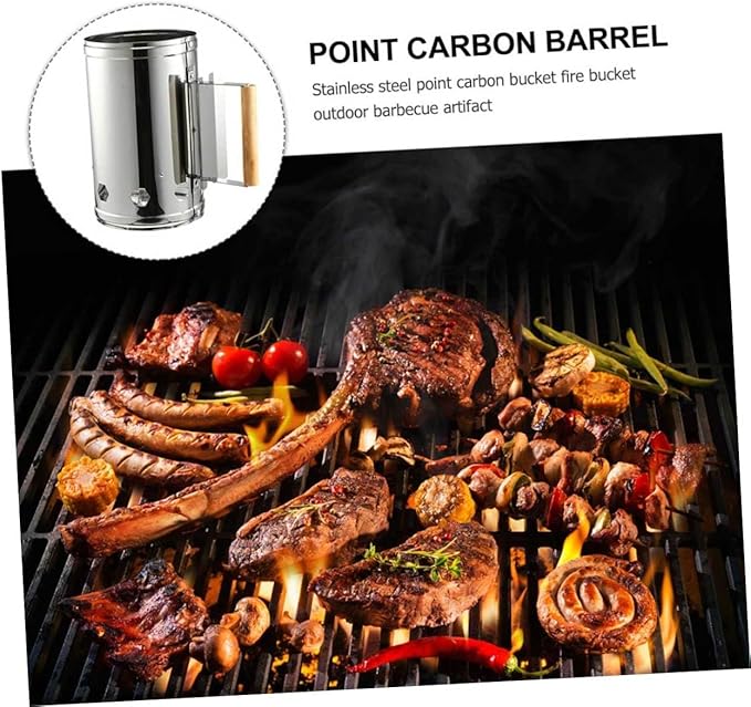 Outdoor Charcoal Chimney Starter Bucket with Wood Handle Heat Shield Quick BBQ Grill Fire Starter for Camping Tailgate Patio Cooking Suitable for Charcoal BBQ and Garden Grilling