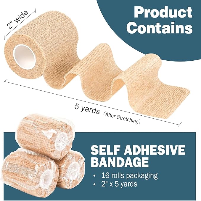 AZEN 16 Pack Self Adhesive Bandage Wrap, 2" X 5 Yards Elastic Cohesive Bandage Wrap, Skin Color Athletic Tape, Vet Wrap, Ankle Tape, Tattoo Grip Tape Wrap