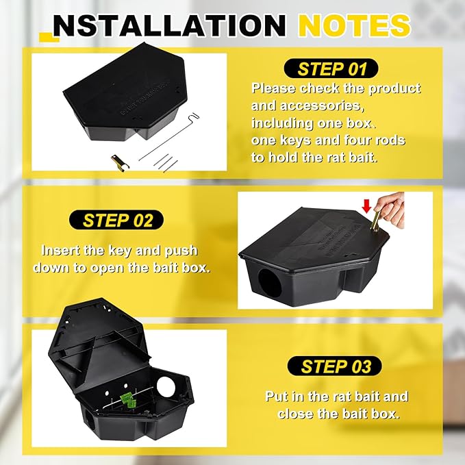 Qualirey 4 Pcs Rat Bait Station with Keys 13.58 x 8.98 x 3.35 Inch Rodent Station Rat Traps, Keeps Children and Pets Safe Indoor and Outdoor, Bait Not Included (Black)