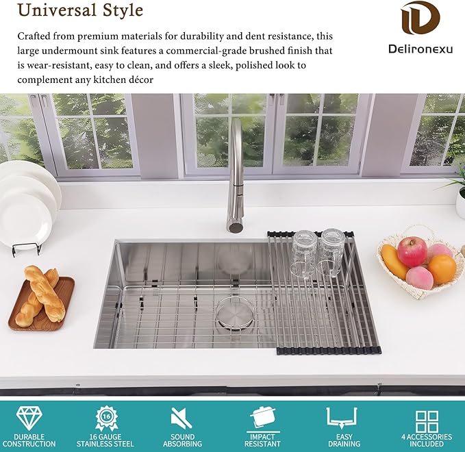 32-Inch Undermount Kitchen Sink - Delironexu 16 Gauge Stainless Steel Kitchen Sink undermount, 32''x19'' Undermount sink Single Bowl with Brushed Finish and 4 Accessories, Modern Design