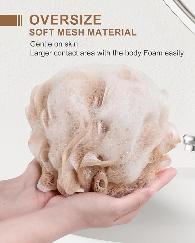 Loofah for Women, XL Large Loofah 75g 4 Pack, Bath Sponge Soft Mesh Shower, Body Scrubber, Bath Accessories Body wash Foaming (Pinkish Beige)