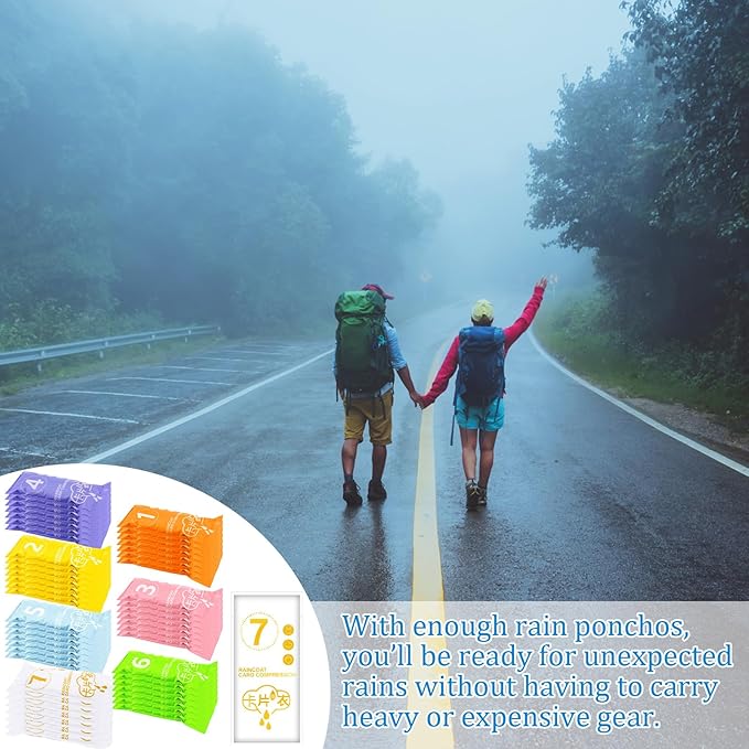 49/98 Pcs Disposable Rain Ponchos for Adults with Padded Drawstring Hoods and Pockets, Suitable for Emergency