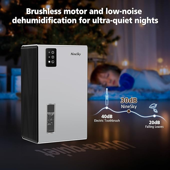 NineSky Dehumidifiers for Home, 95 OZ Water Tank, (1000 sq.ft) Dehumidifiers for Bathroom Bedroom Basement with Auto Shut Off,7 Colors LED Light(Silver)