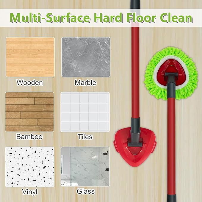 Spin Mop Head, Base, Scrub Brush, Handle Replacement for O-Cedar RinseClean 2-Tank System, Includes 2 Chenille Mop Refills, 4-Section Handle Pole, 1 Scrubber Head, 1 Triangle Base Cover for Ocedar